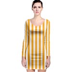 Vertical Stripes - White and Dark Tangerine Orange Long Sleeve Bodycon Dress