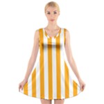 Vertical Stripes - White and Dark Tangerine Orange V-Neck Sleeveless Dress