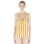 Vertical Stripes - White and Dark Tangerine Orange Women s Halter One Piece Swimsuit
