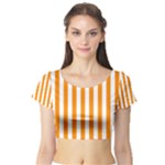 Vertical Stripes - White and Dark Orange Short Sleeve Crop Top (Tight Fit)