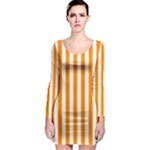 Vertical Stripes - White and Dark Orange Long Sleeve Bodycon Dress