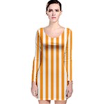 Vertical Stripes - White and Dark Orange Long Sleeve Velvet Bodycon Dress