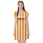 Vertical Stripes - White and Dark Orange Short Sleeve Skater Dress