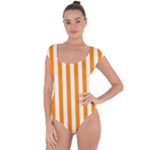 Vertical Stripes - White and Dark Orange Short Sleeve Leotard (Ladies)