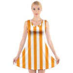 Vertical Stripes - White and Dark Orange V-Neck Sleeveless Dress
