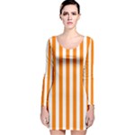 Vertical Stripes - White and Orange Long Sleeve Velvet Bodycon Dress