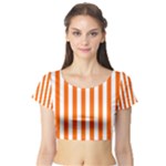 Vertical Stripes - White and Safety Orange Short Sleeve Crop Top (Tight Fit)