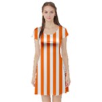 Vertical Stripes - White and Safety Orange Short Sleeve Skater Dress
