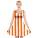 Vertical Stripes - White and Safety Orange V-Neck Sleeveless Dress