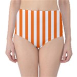 Vertical Stripes - White and Safety Orange High-Waist Bikini Bottoms