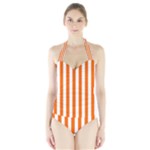 Vertical Stripes - White and Safety Orange Women s Halter One Piece Swimsuit