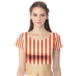 Vertical Stripes - White and Tangelo Orange Short Sleeve Crop Top (Tight Fit)