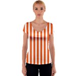 Vertical Stripes - White and Tangelo Orange Women s V-Neck Cap Sleeve Top