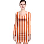 Vertical Stripes - White and Tangelo Orange Long Sleeve Bodycon Dress