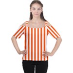 Vertical Stripes - White and Tangelo Orange Women s Cutout Shoulder Tee