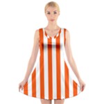 Vertical Stripes - White and Tangelo Orange V-Neck Sleeveless Dress