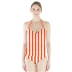 Vertical Stripes - White and Tangelo Orange Women s Halter One Piece Swimsuit