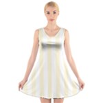 Vertical Stripes - White and Cornsilk Yellow V-Neck Sleeveless Dress