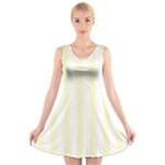 Vertical Stripes - White and Cream Yellow V-Neck Sleeveless Dress