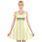 Vertical Stripes - White and Pastel Yellow V-Neck Sleeveless Dress