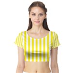 Vertical Stripes - White and Canary Yellow Short Sleeve Crop Top (Tight Fit)