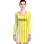 Vertical Stripes - White and Canary Yellow Long Sleeve Velvet Bodycon Dress