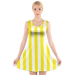 Vertical Stripes - White and Canary Yellow V-Neck Sleeveless Dress
