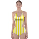 Vertical Stripes - White and Canary Yellow Cut-Out One Piece Swimsuit