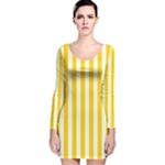 Vertical Stripes - White and Gold Yellow Long Sleeve Velvet Bodycon Dress