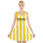Vertical Stripes - White and Gold Yellow V-Neck Sleeveless Dress