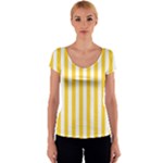 Vertical Stripes - White and Banana Yellow Women s V-Neck Cap Sleeve Top