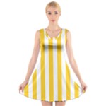 Vertical Stripes - White and Banana Yellow V-Neck Sleeveless Dress