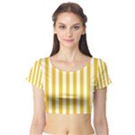 Vertical Stripes - White and Deep Lemon Yellow Short Sleeve Crop Top (Tight Fit)