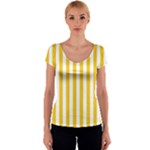 Vertical Stripes - White and Deep Lemon Yellow Women s V-Neck Cap Sleeve Top