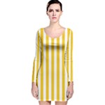 Vertical Stripes - White and Deep Lemon Yellow Long Sleeve Velvet Bodycon Dress