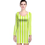 Vertical Stripes - White and Fluorescent Yellow Long Sleeve Velvet Bodycon Dress