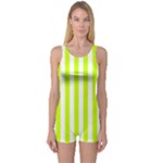 Vertical Stripes - White and Fluorescent Yellow One Piece Boyleg Swimsuit