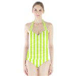 Vertical Stripes - White and Fluorescent Yellow Women s Halter One Piece Swimsuit
