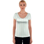 Vertical Stripes - White and Pale Green Women s V-Neck Cap Sleeve Top