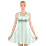 Vertical Stripes - White and Pastel Green V-Neck Sleeveless Dress