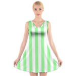 Vertical Stripes - White and Light Green V-Neck Sleeveless Dress