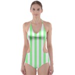 Vertical Stripes - White and Light Green Cut-Out One Piece Swimsuit