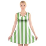 Vertical Stripes - White and Dollar Bill Green V-Neck Sleeveless Dress