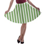 Vertical Stripes - White and Dollar Bill Green A-line Skater Skirt