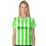 Vertical Stripes - White and Neon Green Women s V-Neck Sport Mesh Tee