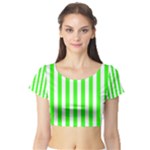 Vertical Stripes - White and Neon Green Short Sleeve Crop Top (Tight Fit)