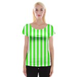 Vertical Stripes - White and Neon Green Women s Cap Sleeve Top