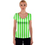 Vertical Stripes - White and Neon Green Women s V-Neck Cap Sleeve Top