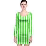 Vertical Stripes - White and Neon Green Long Sleeve Bodycon Dress