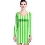 Vertical Stripes - White and Neon Green Long Sleeve Velvet Bodycon Dress